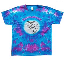 Load image into Gallery viewer, Tie dye Halloween shirt with colours of pink and purple and a silver moon with black Bats flying across the Moon. Front View