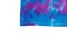 Load image into Gallery viewer, Tie dye Halloween shirt with colours of pink and purple. Closeup double stitch bottom hem