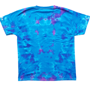 Tie dye Halloween shirt with colours of pink and purple in a scrunch pattern. Back view