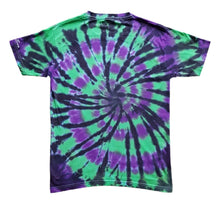 Load image into Gallery viewer, Halloween green and purple spiral tie dye shirt back view