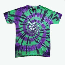 Load image into Gallery viewer, Halloween green &amp; purple spiral tie dye shirt with glow in the dark flying vampire bats in the centre