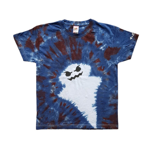 Halloween Ghost design tie dye shirt. The white Ghost has a black mouth and eyes and is diagonal across the shirt. The rest of the shirt is blue and black scrunch pattern