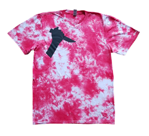 Halloween Knife killer blood splatter design tie dye shirt. The overall colour fo the shirt is red and white and there is a black silhouette of a hand holding a knife at the top corner of the shirt