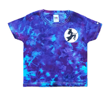 Load image into Gallery viewer, Ice tie dye galaxy shirt with blue and purple colour scheme with a black Witch on a broom flying across a glow in the dark moon. Front view