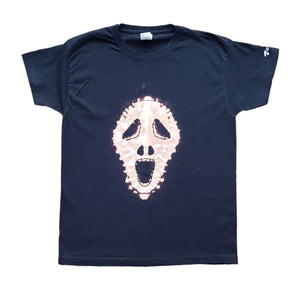 Screaming Skull reverse tie dye design on a black short sleeve tshirt. Front view of tshirt 