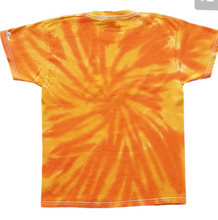 Load image into Gallery viewer, Halloween tie dye shirt with various orange hues in a swirl pattern on the back of the shirt