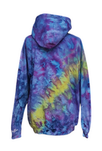 Load image into Gallery viewer, Ice tie dyed Northern Lights inspired hoodie. Overall blue and purple colour scheme with a lime green band diagonal from bottom left to right shoulder. Back view of the hoodie