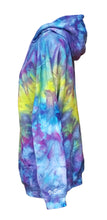 Load image into Gallery viewer, Ice tie dyed Northern Lights inspired hoodie. Overall blue and purple colour scheme with a lime green band diagonal from bottom left to right shoulder. Left view of the hoodie
