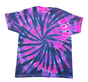 Back of shirt showing pink and purple swirl pattern