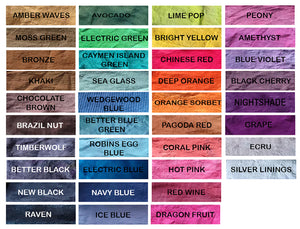 Colour chart showing all available colours for customisation options