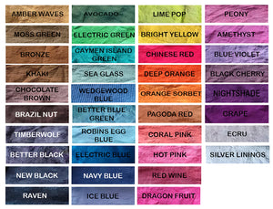 Colour chart showing all possible tie dye colours for customisation  options